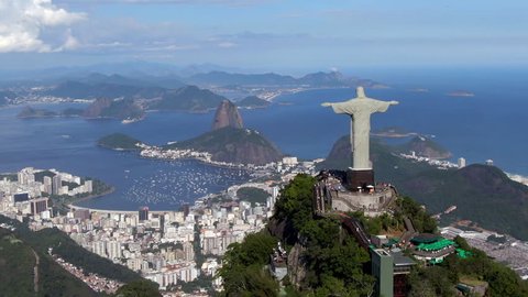 Rio de Janeiro, Brazil, aerial view of Rio cityscape including Christ the Redeemer statue and Sugarloaf Mountain.