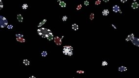 Falling poker chips on black background seamless loop animation