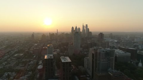 Philadelphia City Skyline Sunset Aerial Drone 4K
