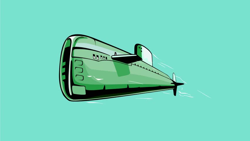 2d Animation motion graphics showing a world war two submarine being depth charged underwater on white screen, green screen with alpha matte in HD high definition done retro style.