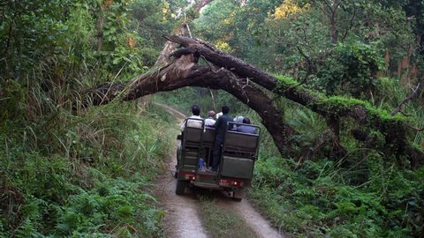 NEPAL - NOVEMBER 11, 2018: Tourists Riding Jeep at Safari Tour in Chitwan National Park