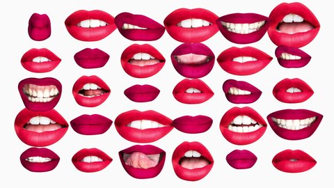 Time lapse sequence of woman's full red lips talking and moving against white background 