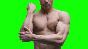 Pain in the elbow, muscular male body on green background, chroma key 4K video, BeH3althy concept video