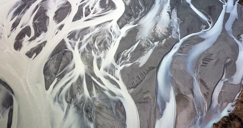 Aerial view of diverging glacial river in Iceland