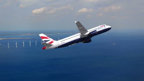 Editorial animation: British Airways Airbus 320 taking off from Copenhagen. Animation on real clouds and panorama, properly bent wings - Alpha channel  
British Airways flies to London in 2 hours
