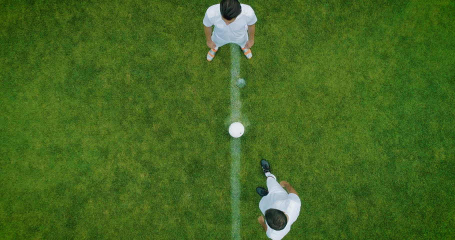 Aerial Top Down View of Soccer Field and Two Professional Teams Playing. Kick off Start of the Energetic Match on International Championship | Shutterstock HD Video #1019537563