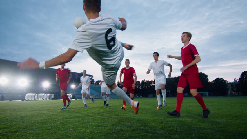 Soccer Player Receives Successful Pass and Kicks Ball and Scores Amazing Goal doing Doing Verticle Bicycle Kick. In Slow Motion. | Shutterstock HD Video #1019537872
