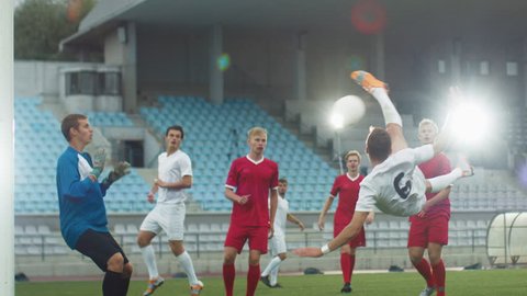 Soccer Player Receives Successful Pass, Kicks Ball and Scores Amazing Goal with Bicycle Kick / Scissors Kick / Overhead Kick, Goalkeeper Jumps but Missed Goal. In Slow Motion.