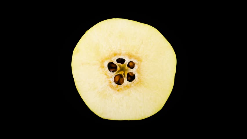 Top view from above of yellow quince fruit cross section cut. Rotating. Isolated on the black background. Close-up. Macro. Royalty-Free Stock Footage #1019542798