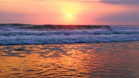 4k Water Sunset Video. Clear Tropical Island and Sunset Beach Background. Sunset Waves and Amazing Landscape Ocean. Orange Ocean Beach. Sun Rays in a Colorful Sunset Background. Beautiful Sky