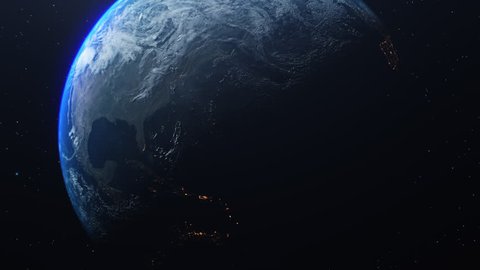 Planet Earth rotates in space from day into night and city lights turn on (North America view).