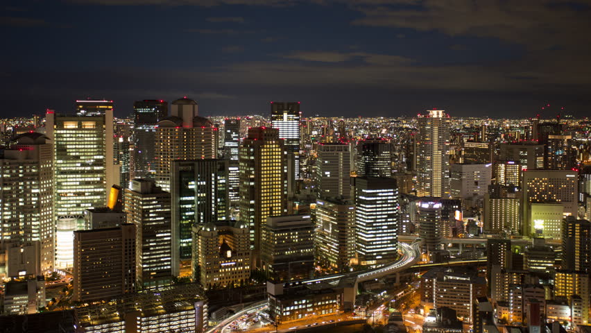 Aerial view time lapse of Osaka downtown at night