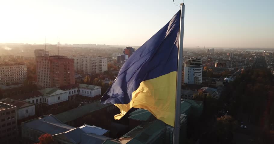 The largest flag in Ukraine. Flag of Ukraine over the city of Dnepr Royalty-Free Stock Footage #1019571040