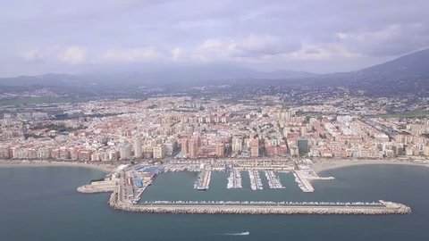 Aerial panoramic view of beautiful Fuengirola Harbor costal City of Spain Malaga in November 