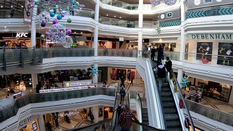 Coventry, West Midlands, UK - November 17, 2018: Hyper lapse around busy West Orchards indoor shopping centre in Coventry