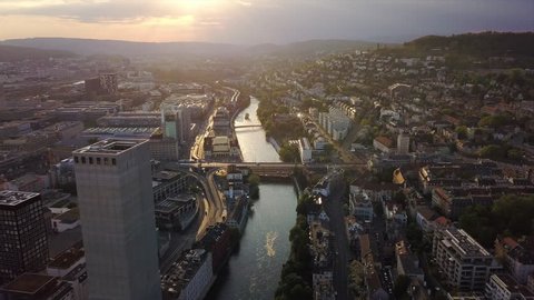 sunset sky zurich cityscape riverside aerial panorama 4k switzerland