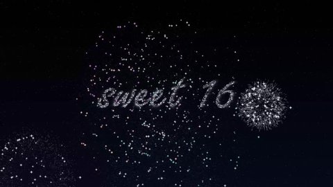 Shiny firework writing sweet 16 on the night sky animation.