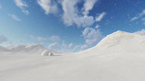Arctic Igloo against beautiful blue sky, snowing, 4K