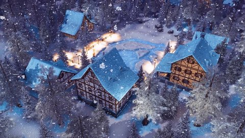 Top down view of cozy snow covered european village high in snowy alpine mountains with traditional half-timbered houses at winter night during snowfall. With no people 3D animation rendered in 4K