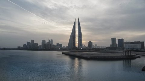 MANAMA, BAHRAIN - October , 2018: Time lapse view of the World Trade Center and other high rise buildings in Manama on Oct 28, 2017 in Manama, Bahrain