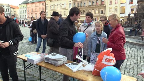OLOMOUC, CZECH REPUBLIC, SEPTEMBER 2, 2018: The pre-election meeting of the Civic Democratic Party of ODS on the square, giving inflatable balloons and sweets to children, discussing politics,
