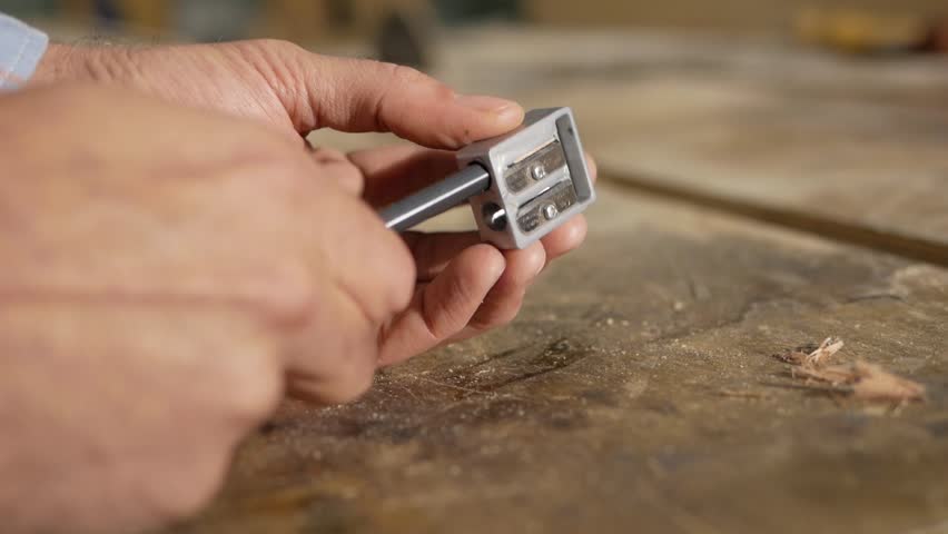 Male hand sharpens a pencil on the sharpener