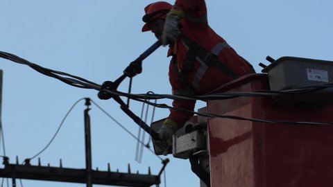 Toronto, Ontario, Canada November 2018 Hydro worker it by explosion and fire while working on high voltage power line