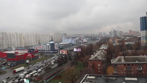 Khimki, Russia - November 2018: Road traffic on Leningradskoye Highway from top of skyscraper in cloudy weather