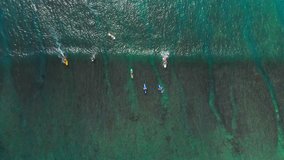 Tropical ocean with turquoise water and surfers on wave. Aerial view