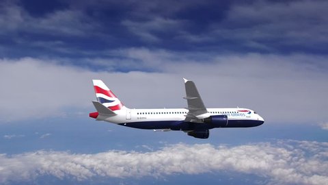 Editorial animation: British Airways Airbus 320 flying in the clouds of Copenhagen. Animation on 4K real clouds, properly bent wings - Alpha channel  
British Airways flies to London in 2 hours