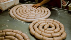 Hands of operators filling and forming sausages at food production factory
