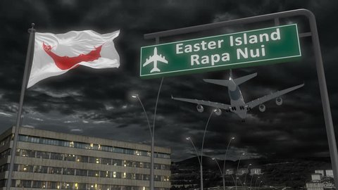Easter Island Rapa Nui, approach of the aircraft to land at night in cloudy weather, flying over the name of the country and its flag
