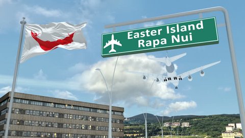 Easter Island Rapa Nui, approach of the aircraft to land in low-cloud weather, flying over the name of the country and its flag