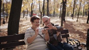 An elderly couple in the autumn Park-versed with the smartphone, browse photos and surf the Internet.