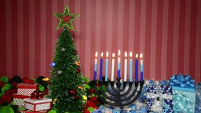 HD Video Christmas tree with presents next to Hanukkah menorah burning candles, dreidel, and gifts with yarn balls in holiday colors. Many multi faith families celebrate both Xmas and Hanukkah. 
