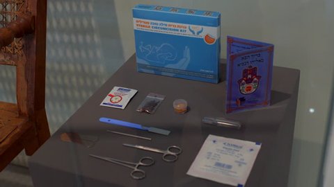 GERMANY - CIRCA JUNE 2017 - Sterile circumcision surgery kit on display, Hebrew Jewish religious ceremony
