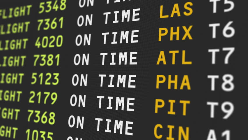 A close up view of an airport's travel information board with flights being delayed, possibily due to bad weather conditions.  	 Royalty-Free Stock Footage #1019633197