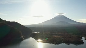 Aerial view of Mount Fuji in the distance in the morning in autumn.