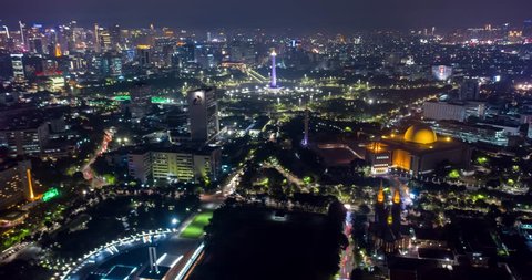 JAKARTA, Indonesia - November 15, 2018: Beautiful aerial Time lapse/hyperlapse of Jakarta city with view of National Monument (Monas), Istiqlal Mosque, and Pertamina office building
