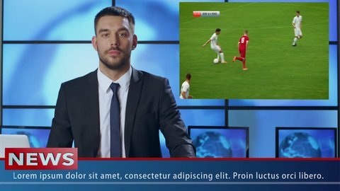 Concept of Sports News Broadcast: Anchorman Talks About Soccer Match. Video Insert Shows Best Game Moments of Two Soccer Teams Playing.