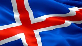 Icelandic flag waving in wind video footage Full HD. Realistic Icelandic Flag background. Iceland Flag Looping Closeup 1080p Full HD 1920X1080 footage. Iceland EU European country flags Full HD
