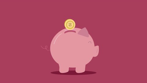 Piggy Bank. Money coin enter inside piggy bank flat designe animation