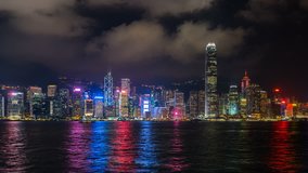 Time lapse of Skyscrapers and floating ship at Victoria's harbor, Hong Kong at night. 4K zoom in.