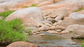 Mountain river scene setting with rushing water and large boulders, high definition stock footage movie clip.