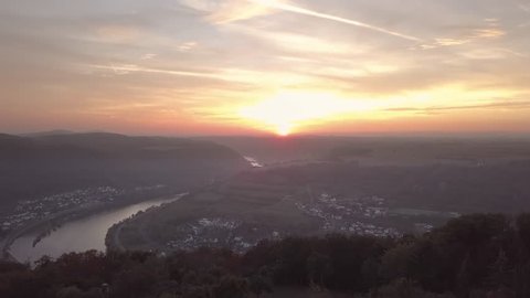 A sunset above villages near Mainz river in Rheinland Pfalz Germany.