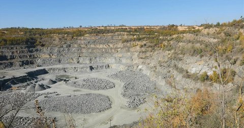Large open iron ore quarry, panorama of a large stone quarry, equipment in the quarry, Open pit working process, quarry mining