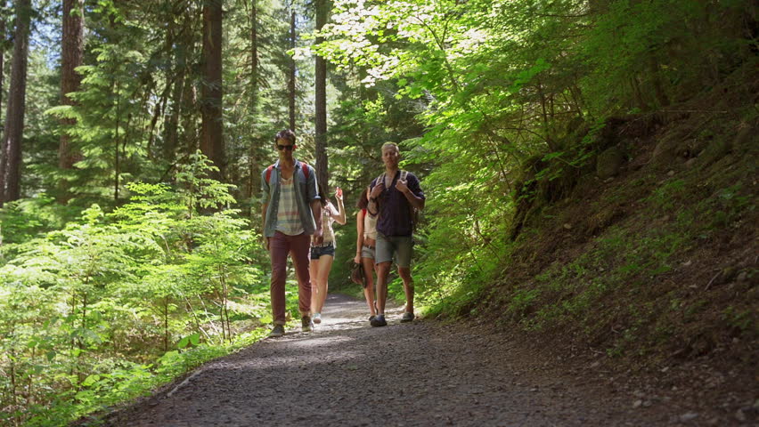 Handheld shot of friends talking while walking on trail at mount hood national forest
