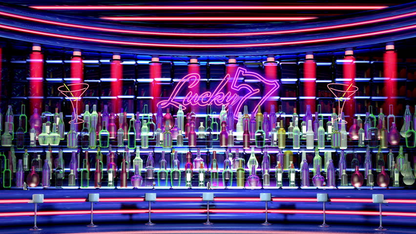 Bar scene with bottles of alcohol lined up with neon cocktails signs and a lucky seven sign