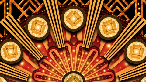 Rotating art deco style structure with warm lights, diamond style circles and yellow vertical rectangles Stock Video