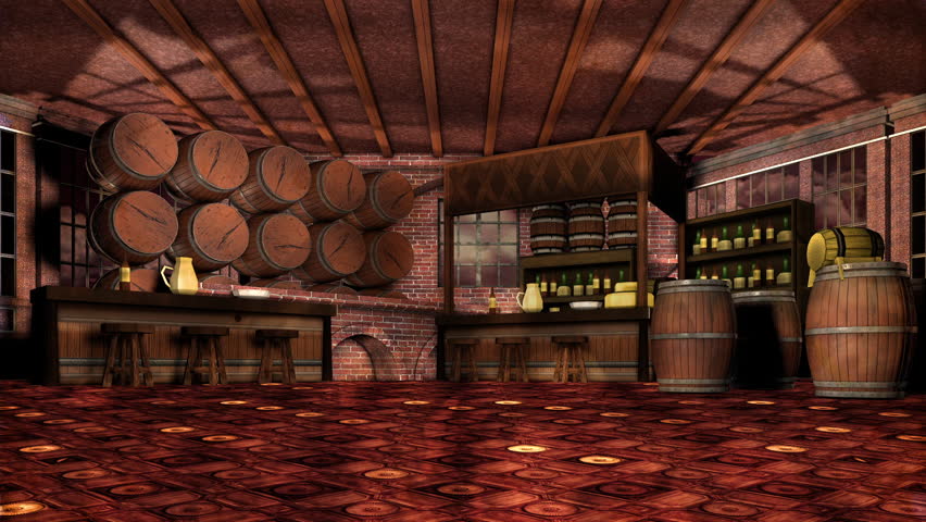 Old brewery interior with barrels on the walls and alcohol on the shelves 